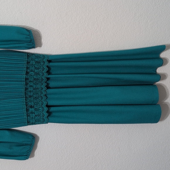 Good Times 80s Vintage Pleated Party Cocktail Dress Teal Size 8P Lace Detail - Picture 3 of 11